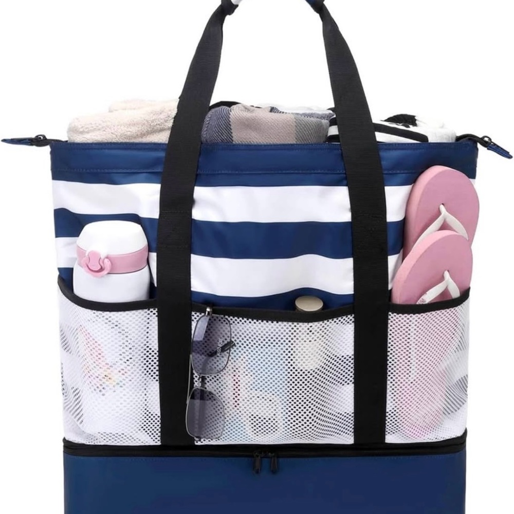 Blue and White Striped Beach Bag